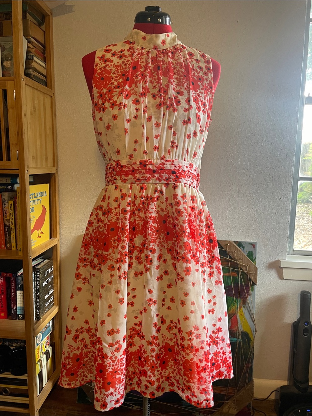 Floral Sleeveless Fit-and-Flare Dress in Red/orange and Cream